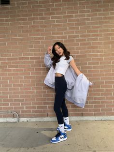 Cute monochrome outfit ! Pinterest/soft-girl style High Dunks With Leggings, Outfits With Blue Jordans 1s, Jordan 1 School Outfit, High Top Shoe Outfits Women, Jordan Leggings Outfits, Air Jordan 1 Outfit Women Leggings, Blue Nikes Outfit, High Top Socks Outfit, Leggings Nike Outfit