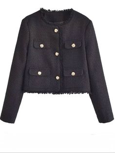 Black crop top tweed jacket - Wapas Tweed Cropped Jacket, Womens Tweed Jacket, Elegant Blazers, Cozy Coats, Long Sleeves Coats, Solid Clothes, 가을 패션, Cropped Style, Short Coat