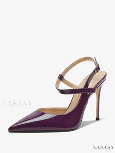 Lasaky - Stylish Womens Black Pointed Toe Slingback High Heel Pumps Elegant Purple Strappy Heels, Purple Ankle Strap Slingback Pumps With Heel Strap, Purple Slingback Pumps With Ankle Strap, Elegant Purple Sandals With Buckle Closure, Purple High Heel Slingback Pumps For Party, Chic Purple High Heel Slingback Pumps, Chic Purple Pointed Toe Slingback Pumps, Chic Purple Slingback Pumps With Ankle Strap, Purple Slingback Pumps For Party