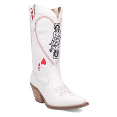 White Leather Boot Queen Of Hearts Embroidery Detail Pull On 13" Shaft Height 2 1/4" Tall Fashion Heel 13" Circumference Almond Toe Rubber Outsole ***These are shipped to you directly from our Manufacturer. Please allow 7-10 business days for shipping/tracking notification! Unique Playing Cards, Boys Cowboy Boots, White Leather Boots, Girl Cowboy Boots, Leather Cowgirl Boots, Twisted X Boots, Old Boots, Corral Boots, Tall Fashion