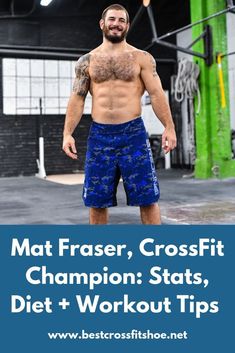 a man standing in front of a crossfit gym with the words, mat fraser, crossfit champion status, and diet workout tips