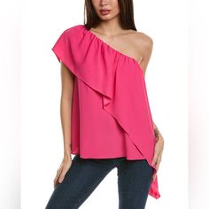 Sleek And Statement-Worthy, This One-Shoulder Top Features An Asymmetrical Wide Top Ruffle, A Drapey Fit, And A Silky, Sleek Feel. Ideal, Dressed Up For An Afternoon Soire Or Paired With Shorts And Sandals For An Effortlessly Chic Look. One-Shoulder Neckline Wide Asymmetrical Ruffle Relaxed Fit Runs True To Size Fabric: Silky Satin-Back Crepe Sustainable Fabrication 67% Recycled Polyester, 33% Polyester Dry Clean Only Fabric From Japan *Our Eco-Friendly Recycled Polyester Is Made From Post-Consu Chic Asymmetrical Off-shoulder Top For Summer, Spring Chic Asymmetrical Off-shoulder Top, Chic Asymmetrical Off-shoulder Top For Spring, Chic Off-shoulder Top With Asymmetrical Neckline For Summer, One Shoulder Blouse For Day Out, Pink One-shoulder Blouse, One Shoulder Evening Blouse For Summer, Casual One Shoulder Top For Evening In Spring, Casual One-shoulder Evening Blouse