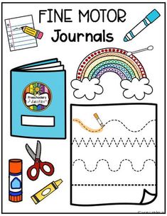 the fine motor journal for kids with scissors, pencils and other items on it