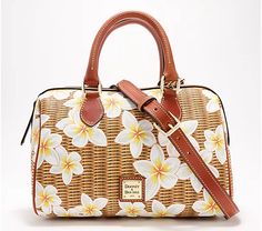 Dooney & Bourke Coated Cotton Plumeria Barrel Satchel - QVC.com Spring Satchel With Detachable Strap For Daily Use, Daily Use Satchel With Detachable Strap For Spring, Spring Satchel With Top Handle And Leather Handles, Spring Top Handle Satchel With Leather Handles, Floral Print Satchel For Everyday Spring Use, Spring Floral Print Satchel For Everyday Use, Spring Floral Print Crossbody Bag, Spring Crossbody Bag In Coated Canvas, Spring Bag With Leather Handles And Coated Canvas