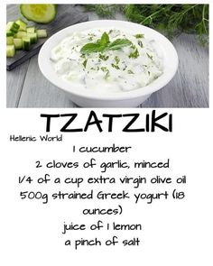 a recipe for tzatzki with cucumber and sour cream in a white bowl