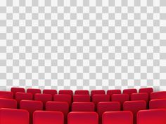 an empty auditorium with rows of red seats and a white wall in the back ground