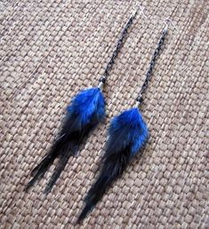 These  earrings were crafted  using blue saddle feathers, black glass beads and black aluminum chain. About 8" in length from the top of the surgical steel ear wires to the bottom of the feathers.Made to order. Please see my shop policies or shop announcement for current turn around time. If you need your order asap please let me know, I can usually accommodate rush orders.*****Check out the huge selection of feather jewelry and accessories in my shop! Please feel free to contact me for a custom Adjustable Black Feather Jewelry, Black Feathered Jewelry For Festivals, Black Feathered Jewelry For Party, Black Feather Jewelry For Party, Elegant Blue Feather Earrings, Adjustable Blue Feather Earrings, Blue Feather Earrings Gift, Blue Feather Earrings As Gift, Blue Feather Earrings For Gift