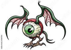 an evil looking eyeball with green eyes on it's head and long wings