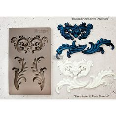 three different shapes of decorative molds on a white surface with the words, finished pieces shown below