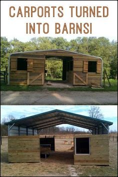 two pictures with the words carports turned into barns on top and bottom side