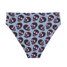 Make a haunting splash with Goth Cloth Co.'s Neon Skull Bikini Bottom. Featuring a daring pattern of neon black and pink skulls on a light blue background, these bottoms blend gothic elegance and punk rock flair, perfect for all your beach and poolside adventures. Key Features: Recycled polyester fabric: Made from 88% recycled polyester and 12% elastane in the EU, or 81% REPREVE recycled polyester and 19% LYCRA XTRALIFE in MX, providing a soft, stretchy fit. Double-layered construction: Ensuring comfort and support for all figures. Zig-zag stitching: For added durability and style. Mix and match: Pair with different bikini tops for a trendy look. UPF 50+: Providing maximum sun protection. These bottoms are made to order, ensuring a thoughtful and sustainable approach to fashion. Order now Summer Skull Print Streetwear Bottoms, Punk Skull Print T-shirt For Summer, Summer Pink T-shirt With Skull Print, Skull Swimsuit Bikinis, Goth Beach Towel, Pink Skull, Boxy Tee, Light Blue Background, Summer Swim Suits