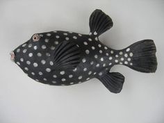 a black fish with white dots on it's body is shown in front of a white background