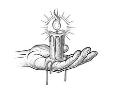 a hand holding a lit candle in it's palm, vintage line drawing or engraving style