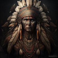 an image of a native american man with feathers on it's head and face