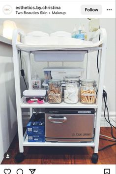 a shelf with some food on top of it and an appliance in the bottom right corner