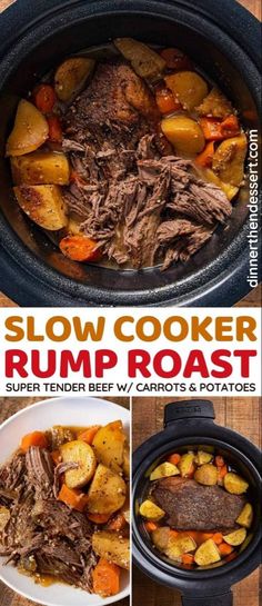 slow cooker crock pot roast recipe with beef, potatoes and carrots in it