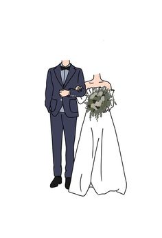 a drawing of a man and woman in wedding attire, one is holding a bouquet