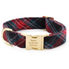 a red, black and green plaid dog collar with a gold plated nameplate