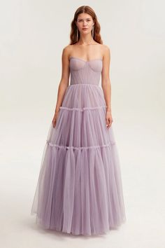 Evening Philosophy Tulle Maxi Dress | Jewelclues #color_lilac Tiered Evening Gown, Whimsical Tulle Dress, Tulle Tiered Dress, Moh Dress, Tulle Bodice, Summer Board, Tulle Maxi Dress, Soft Tulle, Lilac Dress