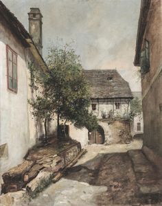 a painting of a street with buildings and trees in the foreground, next to a cobblestone path