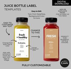 two bottles of juice with labels on them and instructions to label the bottle for each