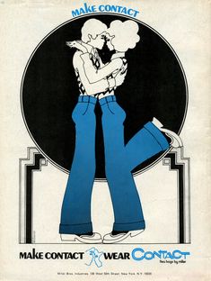 an advertisement for make contact with two people in blue pants and one man is kissing the other