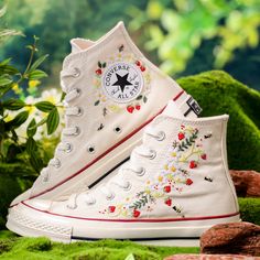 Embroidered Converse, Strawberry Embroidered Converse for Girl, Daisy and Strawberry Embroidery Shoes, Kawaii Gift, Strawberry Gift for Her, Anniversary Gifts for Her 💚 Immerse yourself in the intricate craftsmanship as we lovingly hand embroider rustic flowers onto your chosen Converse pair 💚 🌿 The listed price encompasses both the Converse Shoes and the showcased Embroidery Designs. 1. MANUFACTURING PROCEDURE 🌿 Upon receiving your order, we initiate the shoe preparation process. If your ch Converse Embroidery, Converse Chuck 70s, Converse 1970s, Embroidered Sneakers, Embroidered Converse, Strawberry Gifts, Converse Custom, Custom Converse, Embroidery Shoes