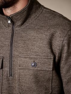 Rugged and luxurious, this decadent half-zip sweatshirt strikes a balance with a blend of soft cotton and lavish wool against more masculine features, like patch pockets and an exposed zipper at the neck.  Stand collar with half-zip closure.  Chest p Winter Half-zip Tops With Pockets, Casual Wool Half-zip Outerwear, Half-zip Fall Outdoor Sweater, Half-zip Fall Sweater For Outdoor, Fall Tops With Patch Pockets, Outdoor Fall Tops With Patch Pockets, Fall Outdoor Tops With Patch Pockets, Outdoor Tops With Patch Pockets For Fall, Winter Half-zip Sweatshirt With Pockets