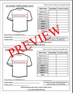 T Shirt Order Form Template, T Shirt Order Form, Shirt Order Form, Blank Tshirt, Tshirt Template, Order Form Template, First Grade Activities, Form Template, Free Tshirt