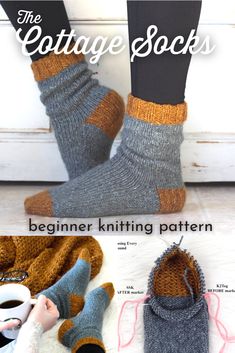 knitted slippers and socks with text overlay that says the cottage socks beginner knitting pattern