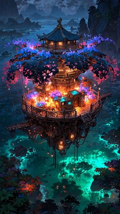 the floating island is surrounded by colorful lights