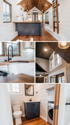 the inside of a tiny home with wood floors and white walls, windows, and cabinets