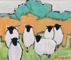 three black and white sheep standing in front of an orange, green, yellow and blue painting