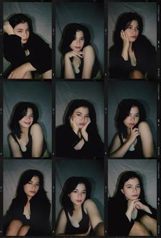 many different pictures of a woman posing for the camera with her hand on her chin