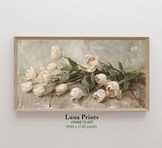 a painting hanging on the wall with white flowers in it's center and an inscription underneath that reads luna prints