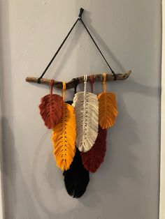 three different colored feathers hanging on a wall