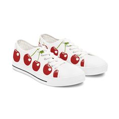 These cherry-themed sneakers are fun and stylish, perfect for someone who loves vibrant designs. They are great for casual wear and adding a pop of color to any outfit. Ideal for women who enjoy unique and playful accessories. Perfect for summer outfits, picnics, and casual outings.\n\nProduct features\n- Metal eyelets for secure shoe laces\n- Durable pleather round toe\n- Comfortable EVA sole for flexibility\n- Soft and comfortable 100% polyester canvas material\n- Breathable design with deodorant memory foam insoles\n\nCare instructions\n- To maintain clean, use warm water with dish soap to clean off any dirt spots. It's not necessary to soak the whole item. For hard-to-clean spots, use a soft-bristled brush.\n Cherry Shoes, Cherry Drop Earrings, Tie Sneakers, Colorful Ice Cream, Ice Cream Print, Eva Sole, Womens Tie, Tie Shoes, Shoes Trainers