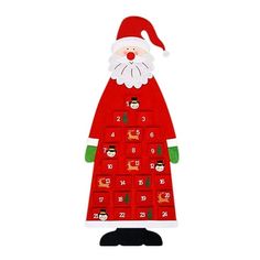 a santa claus is standing in front of a white background with the numbers on it