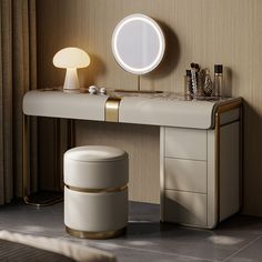 a dressing table with a mirror, stool and other items on the counter in front of it