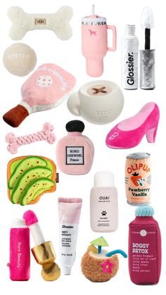 a collage of various items that include shoes, hairbrushes and other things