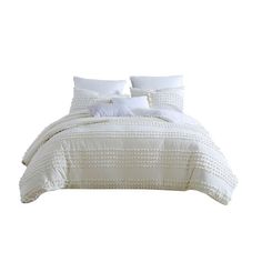 a bed with white sheets and pillows is shown in front of a white background,