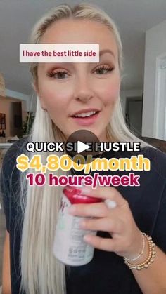 a woman with blonde hair holding a jar of food in front of her face and the caption reads, quick si hustle