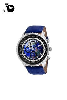 Stainless steel case, Leather strap, Blue dial, Quartz movement, Scratch resistant mineral, Water resistant up to 10 ATM - 100 meters - 330 feet //  SP7132 Blue Watch Accessories For Outdoor With Round Dial, Blue Analog Chronograph Watch For Outdoor, Outdoor Blue Analog Chronograph Watch, Leather Travel Watch With Analog Display, Blue Chronograph Watch With Round Dial For Outdoor, Blue Chronograph Watch For Outdoor, Blue Outdoor Chronograph Watch, Blue Leather Analog Watch Accessories, Blue Leather Chronograph Watch With Tachymeter