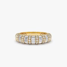 Trendy Round And Baguette Wedding Band Her Anniversary Gifts At Affordable Price Unique Diamond Wedding Bands, Floating Diamond Necklace, Diamond Stacking Rings, Baguette Ring, Yellow Gold Wedding Band, Gold Armband, Baguette Diamonds, Ladies Diamond Rings, Unique Diamonds