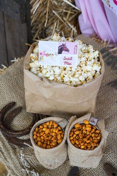 two bags filled with popcorn sitting next to each other on top of a pile of hay