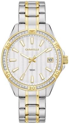 Caravelle Ladies Two Tone, Stainless Steel Bracelet Date Only, 100m 10ATM Water Resistant Quartz Watch - Luxury Designer White Watch, Cheap Metal Watches With Quartz Movement, Luxury White Stainless Steel Watch, Luxury Silver Women's Watch, Luxury White Gold Watch Bands, Ladies Gold Tone Stainless Watches, Luxury White Gold Watches With Rotating Bezel, Quartz Dress, Women Wrist Watch