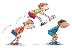 three cartoon boys are doing different things in the same direction, including one jumping and another standing