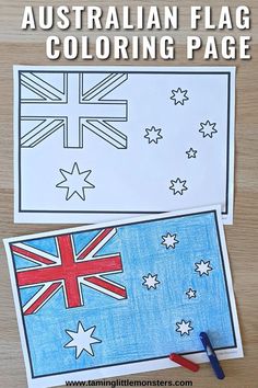 an australian flag coloring page with the words australia on it and a pencil next to it