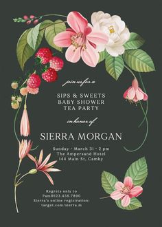 a floral baby shower party with pink flowers and green leaves on a dark gray background