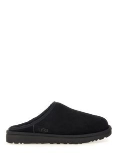 Classic Slip-On Slipper-Mule in black suede, open back, shearling detail, almond toe, engraved logo, 100% suede, Made in Vietnam, rubber outsole Black Suede Clogs With Suede Lining, Black Slip-on Clogs With Suede Lining, Black Slip-on Mules With Suede Lining, Black Suede Mules With Leather Footbed, Classic Suede Slippers, Golden Goose Sneakers, Sheepskin Boots, Ugg Slippers, Golden Goose Shoes